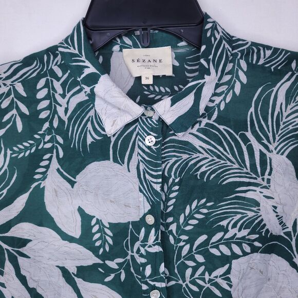 Sezane Pierro Shirt 36 Green Foilage Printed Cotton Silk Blend - Picture 2 of 11